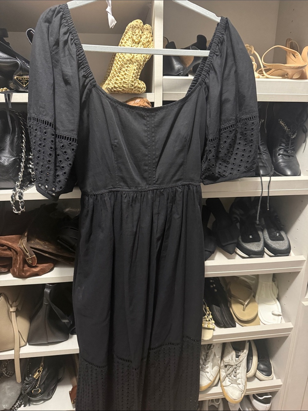 La Ligne Black Maxi Dress with Eyelet Puff Sleeves
